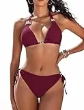CMTOP Bikini Mujer Conjunto de Bikini Halter Triángulo Bikini Top y Braga de Bikini con Ajustable Cordón de Cintura Alta Sólido Traje de Baño 2 Piezas Sexy de Playa(Morado Oscuro, L)