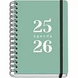 Dohe - Agenda Escolar 2025 2026 - Semana Vista, Tamaño A5 (15x21 cm), Español e Inglés, Septiembre a Junio, Cierre de Espiral Doble y Goma, Tapa Flexible, 4 Páginas de Pegatinas - GRAMMAR Verde