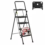 HBTower Escalera 4 Peldaños Plegable, Peldaños Antideslizantes Anchos con Bandeja Portaherramientas, Capacidad Máxima 150 kg, Ideal para Cocina, Garaje y Bricolaje