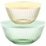 Pyrex Cuencos para mezclar de vidrio esculpidos tintados de 4 piezas, pequeños/medianos con tapas, juego de tazones que ahorran espacio para preparar y hornear, 1.3 cuartos y 2.3 cuartos de galón