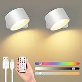 GuKKK Luz de Pared Interior, 2 Pcs Lámpara LED RGB 16 Colores, Apliques Giratoria 360°, 3 Niveles de Brillo, Táctil Inalámbrica (Blanco)