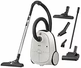 AEG AB61H6SW Aspiradora de Trineo con Bolsa, 850W de Potencia, 3,5L de Capacidad, Radio de acción 12m, Ruedas XL, Filtro Lavable, 3 cepillos + 3 Accesorios, 10 años garantía Motor, Blanco