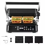 AMZCHEF parrilla eléctrica con 6 programas, función Sear hasta 280 °C, modo manual, sensor de temperatura, placas desmontables y bandeja para gofres. Ideal para carne, pescado, paninis y gofres