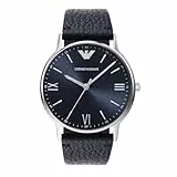 Emporio Armani Reloj para hombre, movimiento de tres manecillas, caja de acero inoxidable plateado de 41 mm con correa de piel, AR11012, Tono azul y plateado