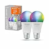 LEDVANCE Smarte LED-Lampe mit WiFi Technologie, Sockel E27, Dimmbar, Lichtfarbe änderbar (2700-6500K), RGB Farben änderbar, ersetzt Glühlampen mit 60 W, SMART+ WiFi Classic Multicolour, 2er-Pack