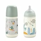 Suavinex, Set de 2 Biberones Anticólicos de 270 ml, Kit de Biberones con Tetina Fisiológica SX Pro de Silicona, de Flujo Medio (M), con Válvula Anticólico, para Bebés +3 Meses. Azul y Verde