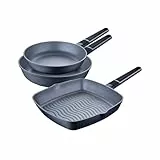 MasterPRO Indigo - Juego de 3 Sartenes de 20, 26 y 28cm - Fabricados en Aluminio Fundido - Interior Pfluon 2 Capas Antiadherente - Mango Azul Oscuro Soft Touch - Punto Induccion