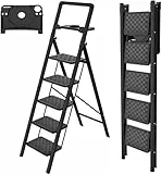 HBTower Escalera 5 Peldaños Plegable con Bandeja para Herramientas, Taburete Compacto con Estructura de Acero Resistente, Capacidad de Carga 150 kg, Portátil para Hogar y Cocina