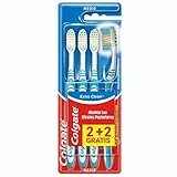 COLGATE Cepillo de dientes Extra Clean medio, limpia alcanzando hasta los dientes posteriores Pack 2+2, Multicolor (CP21509)