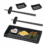 Platos de Sushi 8 Piezas, Juego de Sushi, 2 Platos de Sushi, 2 Cuencos de Cerámica, 2 pares de Palillos, 2 Cuencos para Salsa, Negro