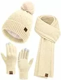 Voqeen Conjunto Gorro Bufanda Guantes Mujer Invierno Térmico Larga Bufanda de Punto Cálido Gorro Forro Polar Guantes Tactiles Moda Set Regalo