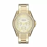 Fossil Riley Reloj para mujer, movimiento cronógrafo con correa de acero o piel, Dorado y purpurina, 38MM