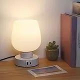 Lamparas de Mesita Noche Escritorio Moderna Portátil Lampara Mesa para Dormitorio Niños Lectura Mesita de noche, Lampara de Noche 3 Temperaturas con Puertos USB C y A, Pantalla Cristal Blanco Lechoso