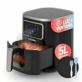 UNIVERSALBLUE Freidora de Aire Sin Aceite 5 L | Air Fryer Grande con Ventana Transparente 4-5 Personas | Control Táctil y Temporizador | 8 Programas de Cocina | Bandeja, Pincel y Espátula