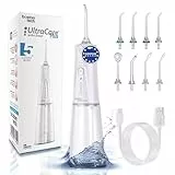 Irrigador Bucal Portátil Water Flosser | Aquapik® UltraCare Plus – 5 Modos Limpieza, Elimina Placa y Cuida Encías – 8 Boquillas, Depósito 300 ml, IPX7, USB-C (Blanco)