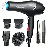Faszin secador pelo profesional 2400W, Iónico Cabello Sin Encrespamiento, Motor AC Gran Caudal de Aire, secador con difusor y Concentrador, 3 Temperaturas, 2 Velocidades (Negro)