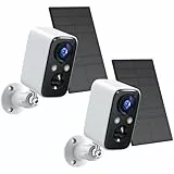 FOAOOD 2 Paquetes-Blanco Cámara Vigilancia WiFi Exterior Solar, Camaras de Vigilancia sin Cables,Visión Nocturna en Color,Batería Incorporada,Detección Humana PIR, Audio Bidireccional,IP66
