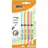 BIC Highlighter Grip Subrayadores Color Pastel, Óptimo para material escolar,Punta Ajustable, Blíster de 4, Yellow, Blue, Green and Pink
