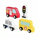 Fisher-Price Pack de vehículos de madera Conjunto de juego de cuatro piezas de madera con camión de bomberos, autobús escolar y coche de policía, juguetes para niños y niñas a partir de 2 años, JCY32