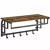 VASAGLE Perchero de Pared, Perchero Colgante con 5 Ganchos Extraíbles, Estante Montado en Pared, Barra de Colgar, para Pasillo, Dormitorio, Sala de Estar, Marrón Rústico y Negro LCR12BX