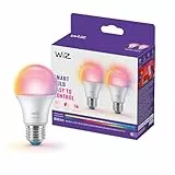 WiZ Bombilla Inteligente LED A60, RGB, E27, equivalente a 60 W, 2200-6500 K, 806 lm, regulable, compatible con Alexa, Google Assistant y Apple Home, paquete 2 ud
