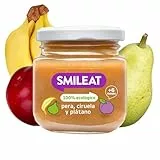 Smileat - Tarrito de Frutas Ecológicas con Pera, Ciruela y Plátano para peques +6 Meses - Sin Azúcar Añadido, Sin Sal, Sin Leche, Sin Huevos - 130g