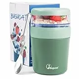 Bugucat Taza de Yogur 500ml+150ml, Porta Yogur y Fruta Vaso de Cereales para Llevar con Tapas y Cuchara, Reutilizable Porta Yogur Vaso Portátil Taza de Cereales con Recipiente para Ensaladas, Verde