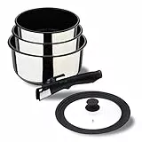 BERGNER| Juego de sartenes de 16, 18 y 20 cm + mango extraíble y tapa universal | Acero inoxidable y revestimiento antiadherente | Para todo tipo de cocinas y hornos