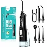 COSLUS Irrigador Bucal Portatil Flosser: 300ML Irrigador Dental Inalámbrico de Riego para Limpieza Dental Doble chorro de agua IPX7 Impermeable Limpieza Diente Para el Hogar baño y los Viajes Negro