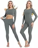 INNERSY Conjunto Ropa Interior Térmica Mujer Camiseta Manga Larga y Leggings Térmicos Invierno Otoño (M, Gris Básico)