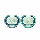 Philips Avent Ultra Air Soother: 2 chupetes ligeros y transpirables que brillan en la oscuridad para bebés de 6 a 18 meses, sin BPA y con funda de transporte esterilizadora (modelo SCF376/13)