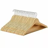 SONGMICS Perchas de Madera, 30 Unidades, con Ranuras en los Hombros, Barra para Pantalones Antideslizante y Gancho Giratorio 360°, para Camisas, Abrigos, Natural CRW031NL