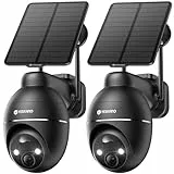 YESKANO Camara Vigilancia WiFi Exterior Solar, 2K Cámaras de Vigilancia sin Cables, 360° PTZ Camara de Seguridad, Visión Nocturna de Color, 2.4 GHz Wi-Fi, Detección de IA, PIR Sirena, IP66, Pack de 2