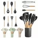 JUPPLIES Juego de Utensilios de Cocina de Silicona 12 Piezas con Mangos de Madera y Soporte Organizador – Set Antiadherente Resistente al Calor – Apto para Todas Las Ollas y Sartenes - Negro