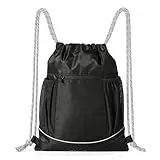Amazon Basics Bolsa de Gimnasio con Cordón y Bolsillos para Botellas, Mochila Deportiva Duradera para Gimnasio, Escuela y Viajes, Negro