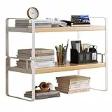 Hggzeg Estantería organizadora de escritorio, estantería de escritorio de madera de 2 niveles, estantería multiusos para almacenamiento en casa, oficina, escuela (color blanco + tronco)