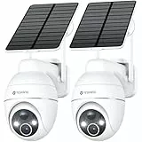 YESKANO 2K Cámara de vigilancia WiFi Exterior inalámbrica, Panel Solar 360° PTZ cámara Exterior inalámbrica Solar batería 2,4 GHz, visión Nocturna Color, detección PIR, Audio bidireccional -2pcs