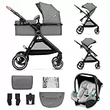 Kinderkraft ESME Silla de Coche 3 en 1 Set, con Portabebés Mink PRO I-Size, Sistema de Viaje, Cochecito para Bebé, Cochecito, Plegable, para Recién Nacido hasta 4 Años, Gris