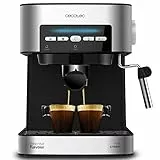 Cecotec Cafetera express Power Espresso 20 Matic. 850 W, 20 Bares, 1,5L, Brazo Doble Salida, Vaporizador, Superficie Calientatazas, Mandos Digitales, Acabados en Acero Inoxidable, Negro/Plata