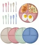 SOBEAU Juego de 4 platos llanos de polipropileno saludable, platos separadores, irrompibles, sin BPA (con 4 cuchillos, 4 tenedores y 4 cucharas)
