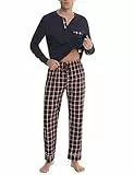 Litherday Pijama Hombre Invierno Algodón Conjunto de Pijama Manga Larga Pijamas Hombre Largo Ropa de Dormir para Hombre con Top y Pantalones 2 Piezas con Bolsillos,Azul Oscuro,L