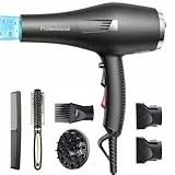 HappyGoo Secador de pelo de iones profesional, secador de pelo con 1 difusor, 2 boquillas, 3 niveles de calor y 2 velocidades, secador de pelo fuerte para (Negro Intenso)