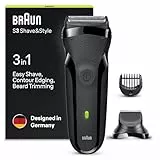 Braun Series 3 Afeitadora Eléctrica Hombre, Máquina de Afeitar Barba 3 En 1 con Recortadora De Precisión Para La Barba Y 5 Peines, Recargable E Inalámbrica, Shave&Style, 300BT, Negro