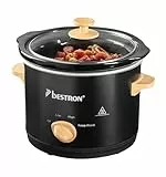 Bestron Slowcooker para 2 personas, Olla de Cocción Lenta con cacerola de cerámica y tapa de vidrio, termostato de 3 niveles, ideal para muchos platos como carne y sopas, 1.5 litros, Negro/Madera