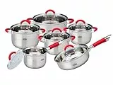 OTA Batería de Cocina 12 Piezas Acero Inoxidable Tapas de Cristal Apto para todo tipo de cocina con Asas Rojas