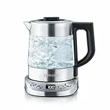 SEVERIN Tetera y hervidor de agua Deluxe Mini, tetera eléctrica de cristal para hasta 1,0 L, tetera pequeña con temperatura ajustable, color acero cepillado/negro, WK 3473