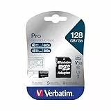 Verbatim Pro U3 - Tarjeta de Memoria Micro SDXC con Adaptador, 128 GB, Memoria de Datos para grabación de vídeo 4K Ultra HD, Tarjeta Micro SD en Negro, Ideal para cámaras de acción, videocámaras,