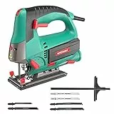 HYCHIKA Sierra de Calar, 110mm, 800W 800-3000SPM, Velocidad Ajustable (1-6), 4 Modos de Corte, Corte -45º a 45º, Caja Magnética de Hoja, Cortar Madera Metal Plástico
