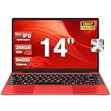 Ordenador Portátil 14',6GB+256GB SSD N4020(hasta 2.8Ghz) Win 11 PC 1920x1080 FHD Dual WiFi BT 4.2 Soporta 1TB SSD Expansión con Ratón Inalámbrico para Trabajo-Estudio-Aprendizaje-Rojo