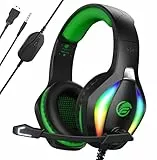 Fachixy 「2024 New」 FC100 Cascos Gaming para PS4/PS5/PC/Xbox One/Switch, Auriculares Gaming Cancelación de Ruido, Cascos con Microfono Estéreo Sonido, Cascos PS4 con 3.5mm Jack con Luz (RGB Verde)